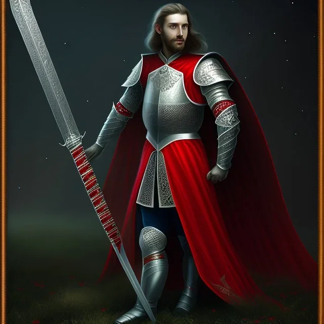 Standing king with his sword , portrait , red cape , armor , night , Stars , long hair