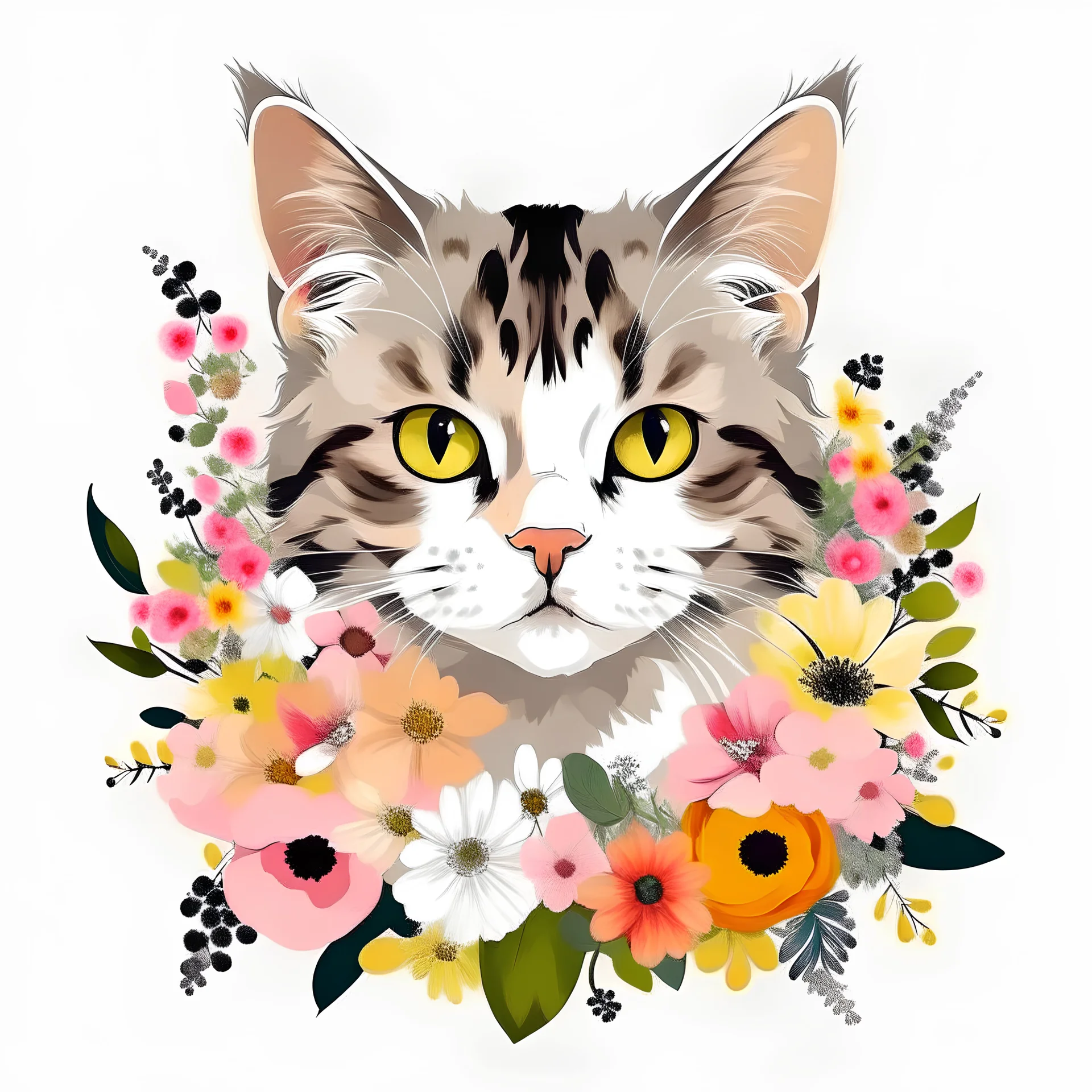 cat with flowers on a transparent background