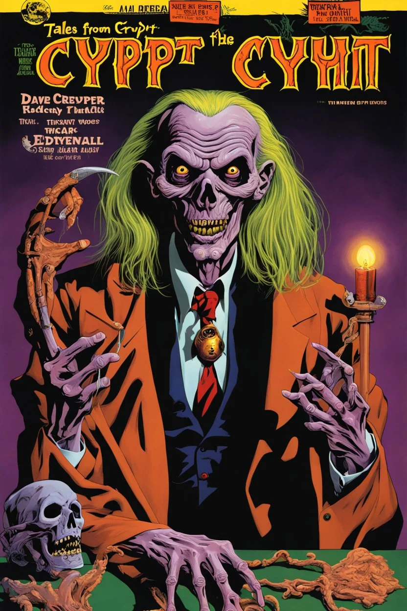 Cover of "TALES FROM THE CRYPT" Magazine, the Crypt Keeper, creepy, Eldritch, sharp colors, horror, by Bill Elder, by Dave Kendall, maximalist, sinister, retro magazine cover.