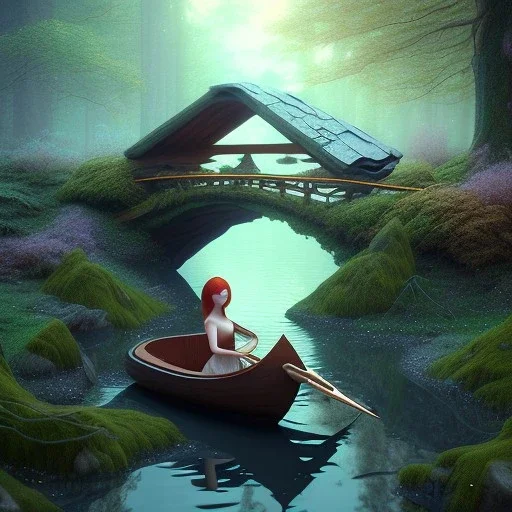 poet with lute, moon elf sleeping in tiny boat under wooden bridge in magical forest, spray painting, foliage frame, fantasy art , movie poster, Realistic photography, incredibly detailed, ultra high resolution, 8k, complex 3d render, cinema 4d, color corrected