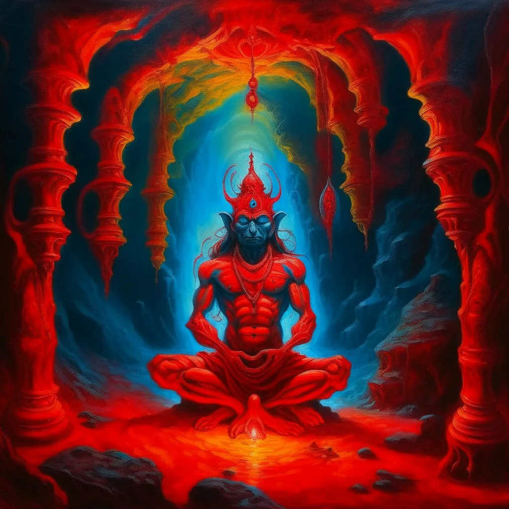 An oil painting of hindu god YAMA in a cave, neon red colors, high detail