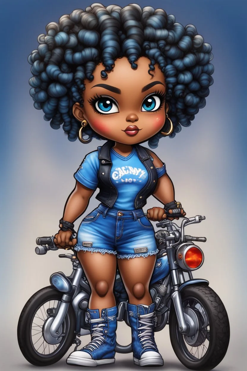 create an airbrush illustration of a chibi cartoon voluptuous black female wearing a blue jean outfit with a tie dye tshirt with biker boots. Prominent make up with hazel eyes. Extremely highly detail of a tight curly black bantu knots. Background of a bike show