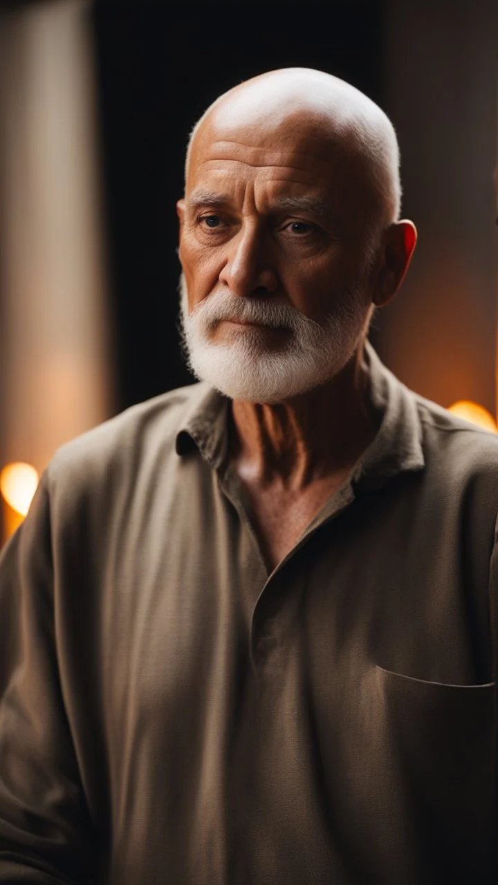 Portrait of a an old man with out hair or eyebrows Clay brown color dark smoky background 4k a candle lighter from the left rear view