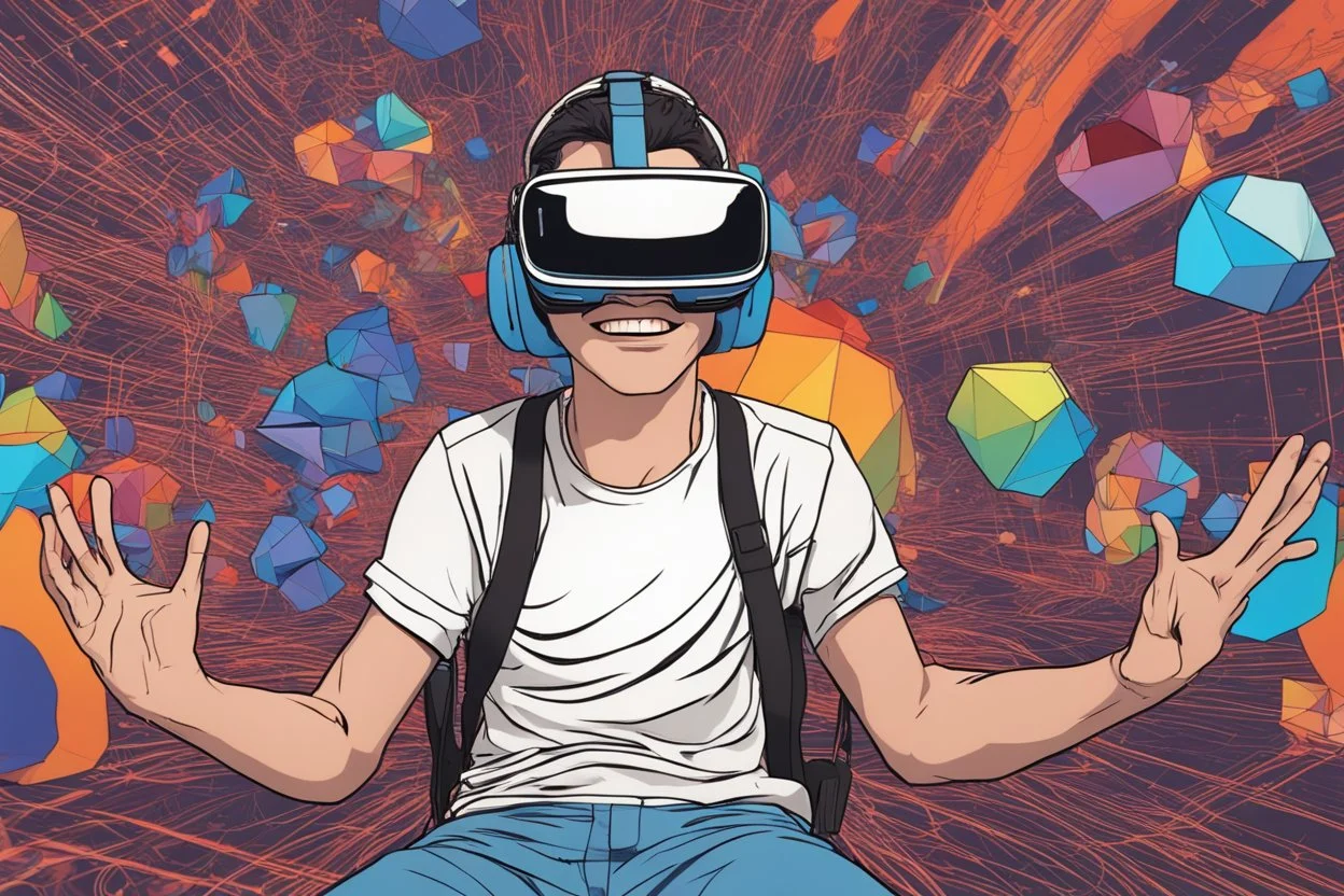 الصورة تعرض شابًا يرتدي نظارات الواقع الافتراضي وهو يستمتع بتجربة واقع افتراضي مذهلة. يظهر وجهه المبتسم وتعابير الدهشة في عينيه واضحة، حيث يبدو وكأنه مغمور في عالم ثلاثي الأبعاد مليء بالألوان والتفاصيل. تتدفق الأسلاك من النظارات على جانبي وجهه، مما يُظهر التفاصيل التكنولوجية المذهلة للجهاز. خلفه، يمكن رؤية أشكال هندسية ثلاثية الأبعاد وصور مجردة تطفو في الهواء، مما يعكس تجربة فريدة وغامرة للواقع الافتراضي. يتواجد شعار "مستقبل الواقع الافتراضي" بالزاوية السفلى اليمنى للصورة، يضفي لمسة إضافية من ال