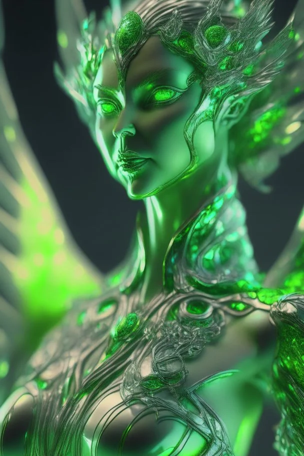 transparent olivine beauty queen Seraph, in green fire chrome casino, high detail, 8k, cinematic, depth of field, art