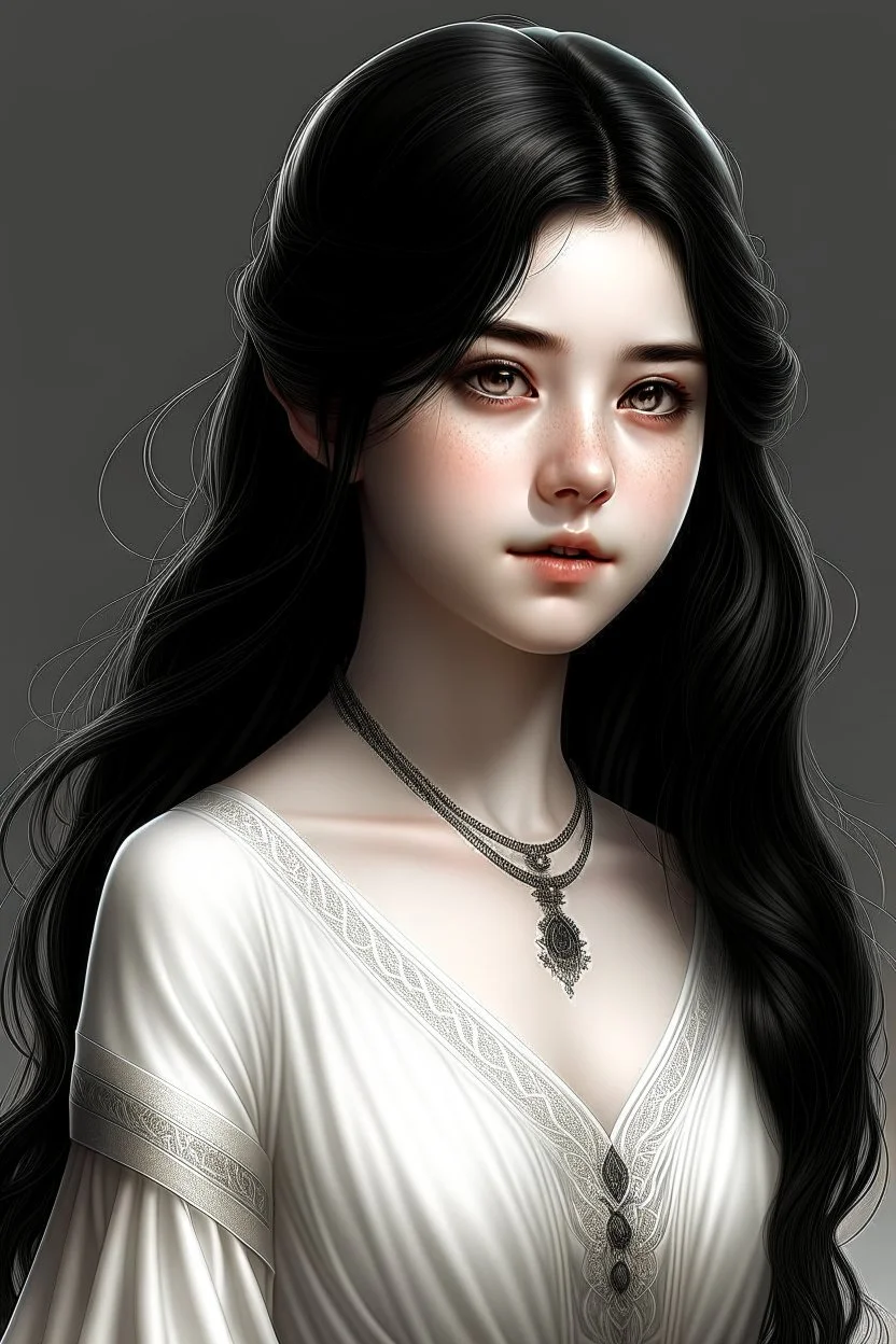 a 16 year old woman, white skin, medium length wawy black hair, beautiful face, black eyes, round body, in a white dress, realistic epic fantasy style