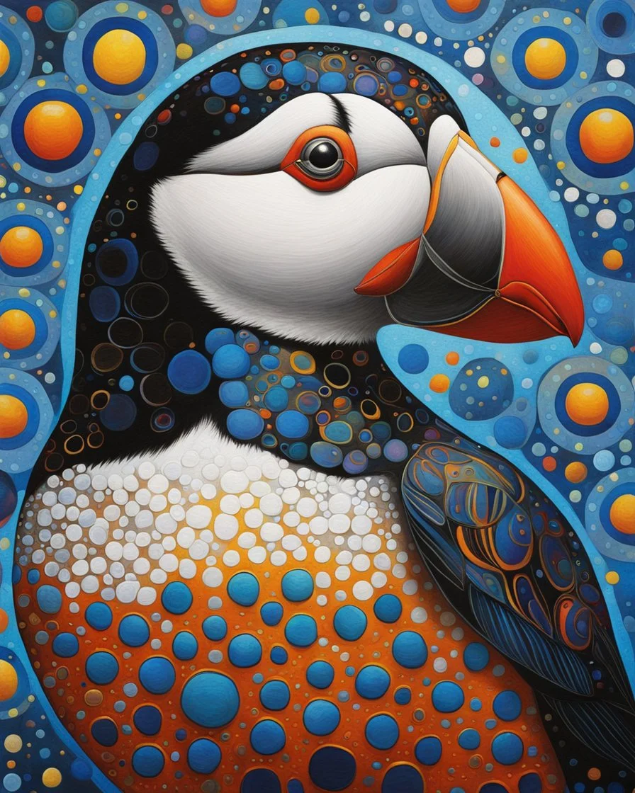 A colorful puffin in the style of Yayoi Kusama, surrounded by circles and dots, with an abstract background. The puffin is depicted as if it were painted using oil paints on canvas, giving it a three-dimensional appearance. It has vibrant colors like blue, red, yellow, green, orange, purple, white, black, brown, silver, and gold. It has intricate patterns that give depth to its form.