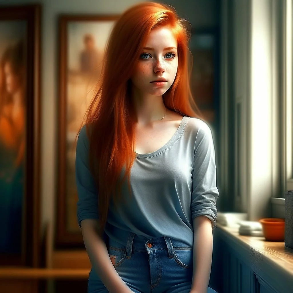 pretty girl, ginger, jeans, tight top, skinny, aged 13, dreamy, conventionally attractive, digital art