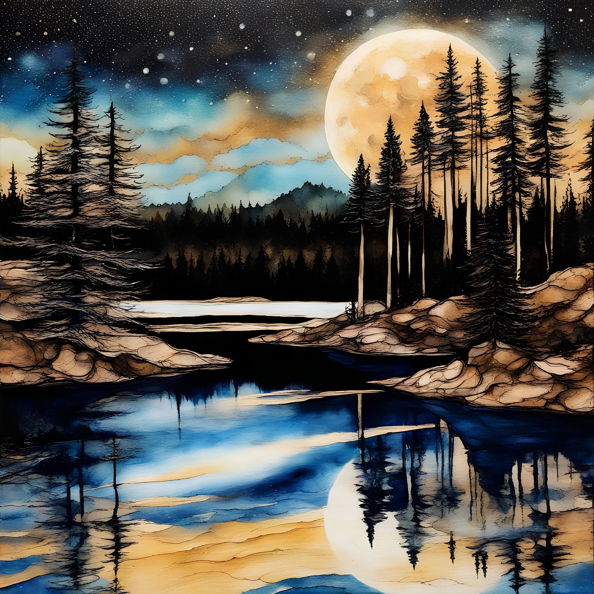 Alcohol ink art with thin black and gold lines at boundaries. Hyper realism, Fantasy, Surrealism, HD, Detailed. Centered. Shades of white, gold, tan, and deep blue. A forest with pine trees and nearby lake. Very large full moon on horizon. Reflection. Waves splashing in the night. The sky filled with the cosmic wonder of the Milkyway. Starlit night.