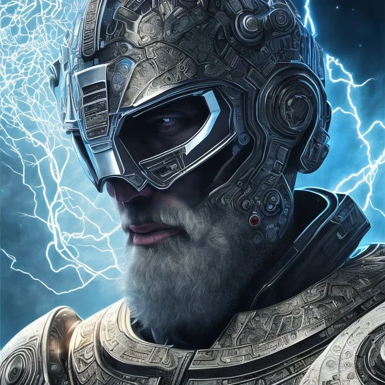 symetrical, centered, ultra detailed, digital art, in center is a portrait of highly detailed greek colossus surrounded by quantum galaxy codes seeking knowledge, detailed face, dominating colors = gray light blue, lightning, smoke, destruction