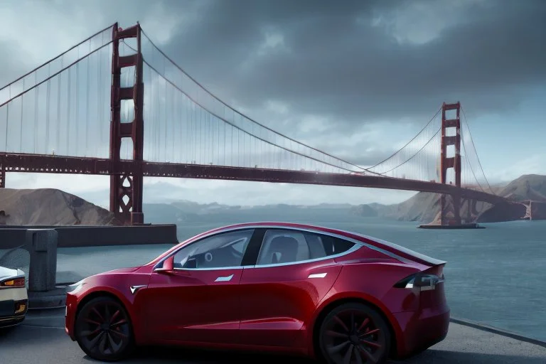 A Tesla 'Model Y' is parked, on the 'Golden Gate' bridge. (CINEMATIC, WIDE ANGLE LENS, PHOTO REAL)