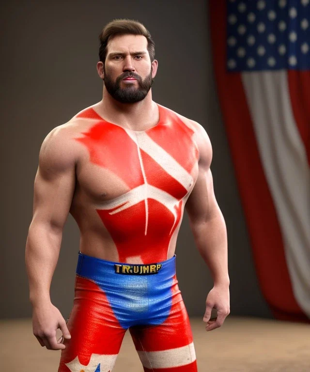 Realistic image of Donald trump wrestler, Mexican wrestling style, liner eye glow makeup face, red and blue breeches, us flag dress, suspenders, retro style, 80s, vibrant color, highly detailed, clean background, concept art, unreal engine 5, god rays, ray tracing, RTX, lumen lighting, ultra detail, volumetric lighting, 3d, finely drawn, high definition, high resolution.