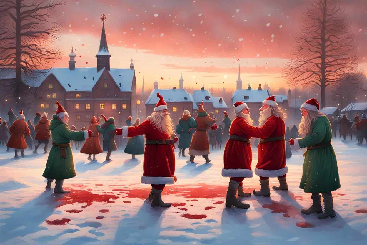 Santa Claus and his elves dancing on a square in Stockholm with Hundreds of People from Sweden in traditional folk costumes, decapitated heads on ground with blood from Stockholms blood bath incident, Snowy weather, The town Stockholm in background, Christmas spruce trees with glowing swastikas hanging, Sunset view of the park Skansen, Simon Stålenhag paint style,