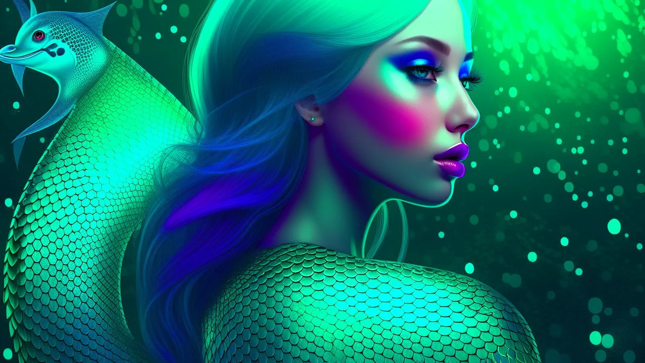 Mermaid Portrait, Shimmering Turquoise Tail, Scales, Tattoo, High Resolution, Trending on Artstation, Fine Details, 8K
