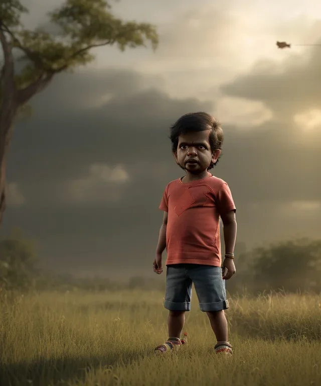 Raj kootrappali toddler, full body, dramatic lighting, angry, hyper realistic,