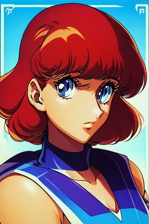 1girl, retro anime, 80's, redhead,portrait, synth-wave, beach