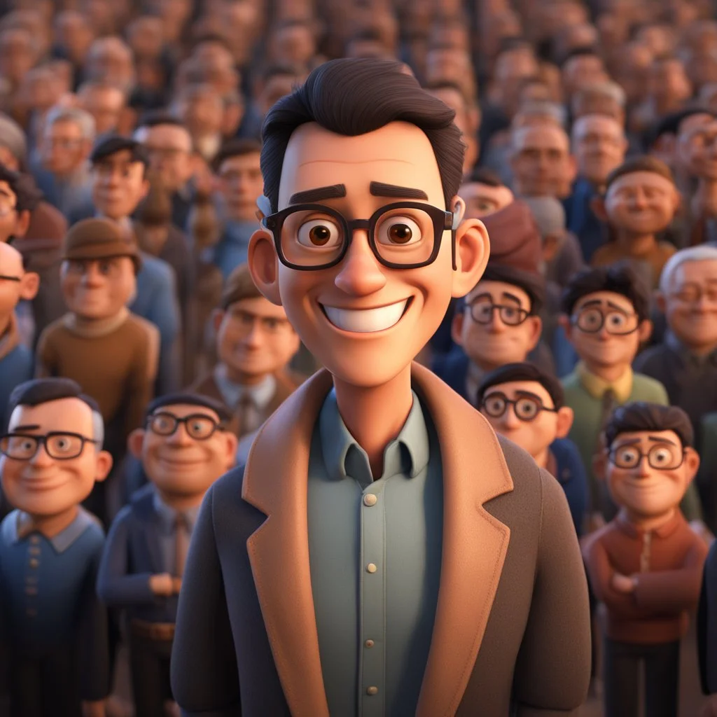 a portrait of smiling mature man. carricature. dark black hair. short hair. light brown skin. dark brown eye pupils. wearing small rectangle, thin frame glasses. long face shape. formal dress. pixar style. 3D. 4k. portrait. highly detailed. sharp focus. high resolution. full color. cinema lighting