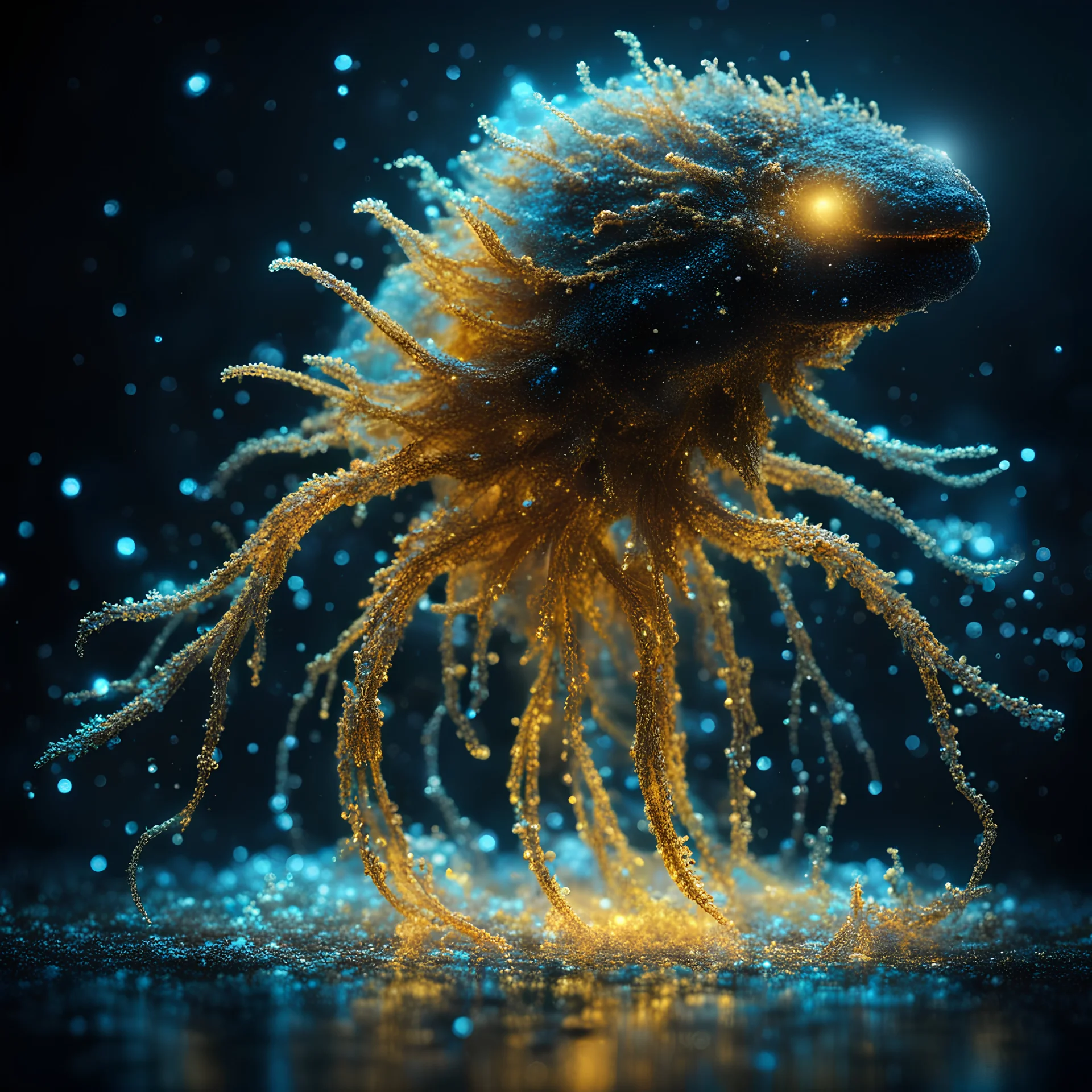 bioluminescent water creature, covered with glowing crystals, glowin golden particles in air, bright colors, glowing sparkle particles, dark tone, sharp focus, high contrast, 8k, incredible depth, depth of field, dramatic lighting, beautifully intricate details, clean environment, epic dynamic scene, photorealistic cgi