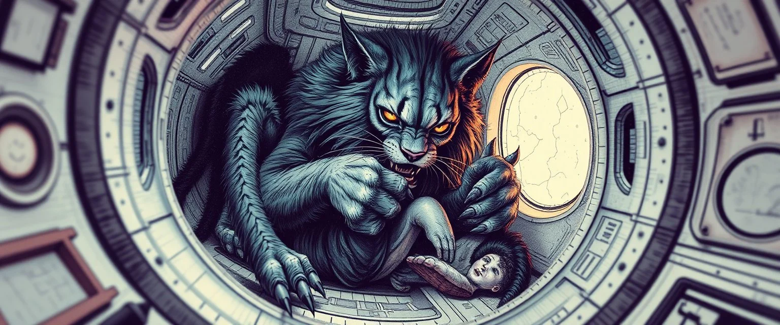 gritty air brush 3d with pen outline, vampire space loab spider lion cat holding a human in its grip, pin hole cam in doll house space ship, in the style of HR GIGER, ESCHER