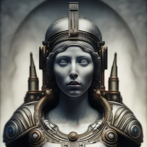 a greek marmor statue of athena, steam punk, hr giger, scary, horror, realistic, made in octane, cinematic, movie, CGI, ultra-realistic, extremely detailed octane rendering, 8K, VRAY Super Real ar 2:3, dof photorealistic futuristic 50mm lens hard lighting dark gray tintype photograph, realistic lighting, sephia colors