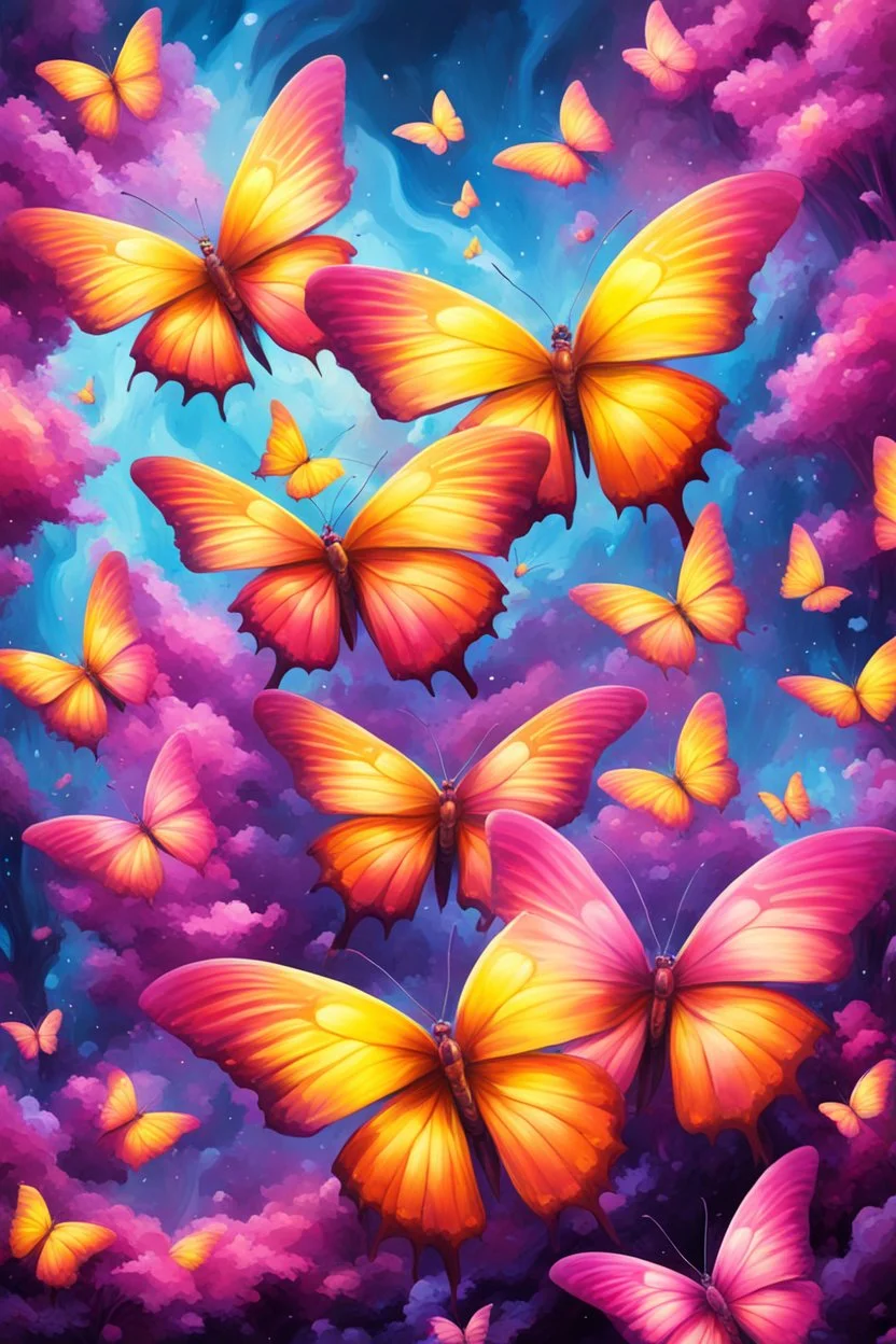 vibrant psychedelic oil painting image, airbrush, 64k, cartoon art image of background YELLOW and PINK BUTTERFLIES , futurism style