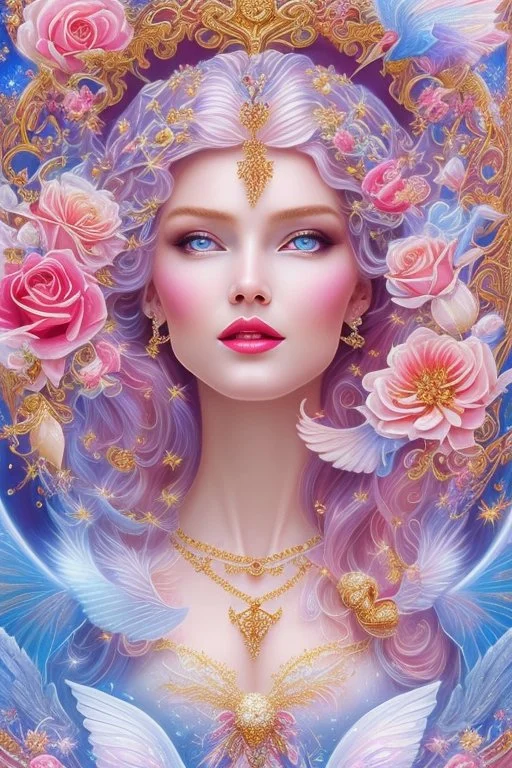 Magnifique woman, lady fairy, facing happy, voluptuous white, pink enchanted flowers, wings magic, long big dress, pink outerspace stars planets, Beautyful smiling, young woman, long hair amazing blue eyes, flowers, happy cosmic, bright colors, blue, pink, gold, jewels, realistic, photo real, clear sunny background, highly detailed, high contrast, 8k high definition, unreal engine 5, extremely sharp detail, light effect, sunny light background