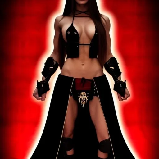 Ultra realistic, beautiful woman, long hair, 8-pack abs, black robe, evil, long nails, dark red and gold leather armour, magic, hung