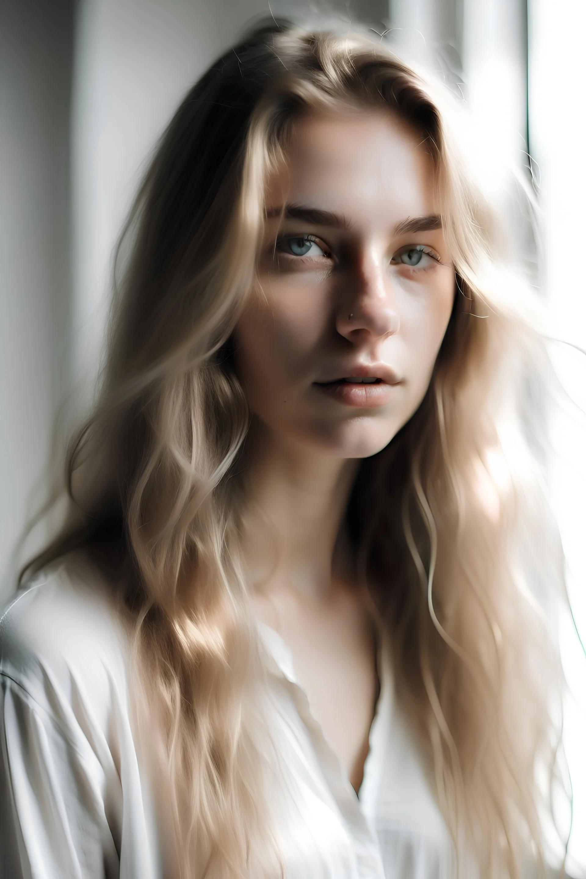 Deep photo, depth of field, shadows, portrait of hot girl, Russian, 21 years old, Instagram, influencer, blonde long messy hair, very light grey eyes, shirt, white background