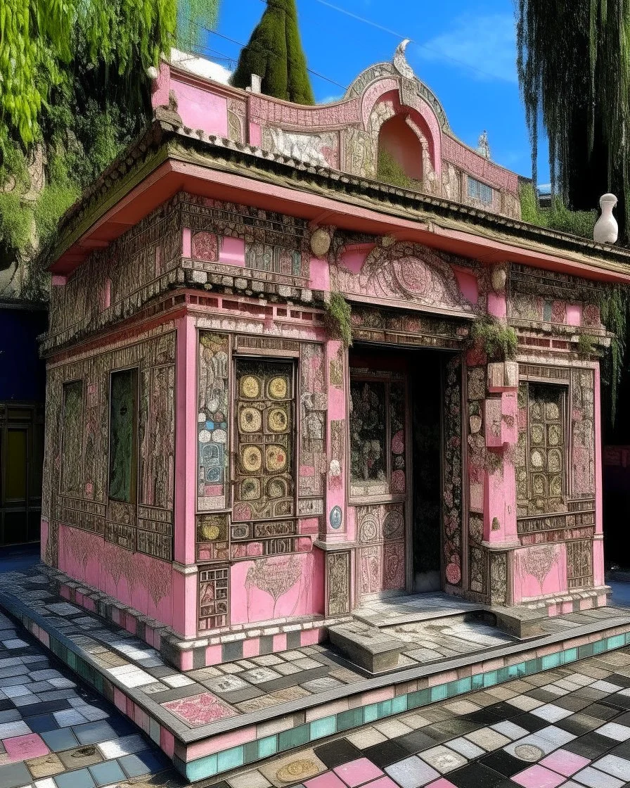 A rosy pink magical voodoo house in a district designed in ancient Greek mosaics painted by Walter Sickert