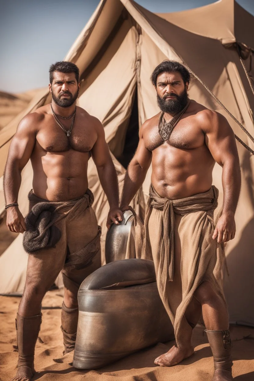 close up photography of two angry ugly brawn 28-year-old burly beefy bullneck arabs tourist guides wearing bulging shorts, shirtless, big shoulders, hairy chest, manly chest, with very bushy eyebrows, photorealistic, sunlight, ambient occlusion, strong side light , near a camping tent in the desert