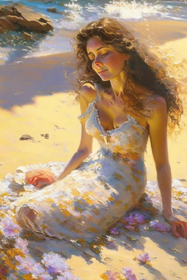 A beautiful happy woman, perfect simmetric face, light brown hair, bare breast and nipples, full body, full figure, lies in the sand next to the sea in romantic floral dress highly detailed intricate pixel art sexy magical sensual Epic patchwork Vicente Romero Redondo in sunshine