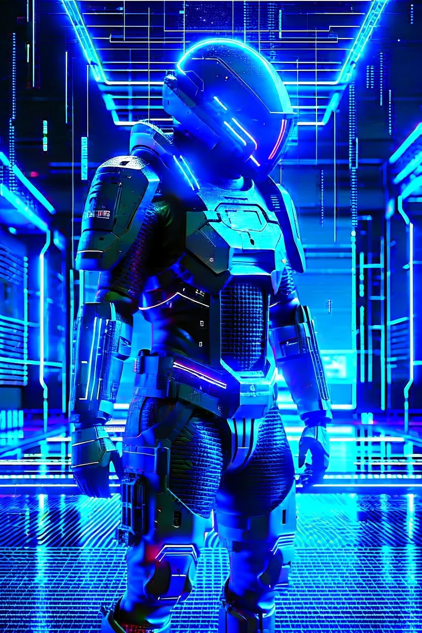 cyberpunk, neon blue, high technology, geometric figures, orbiting figures, cyberpunk suit, black and blue, epic, rain, neon blue suit, geometric figures orbiting around suit, exosuit, male