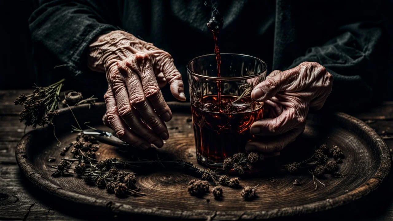 close up photo from an old woman's wrinkled hands holds one brown herb water in vintage water glass with , thriller, sinister , old witch interior, dark mood, perfect photo