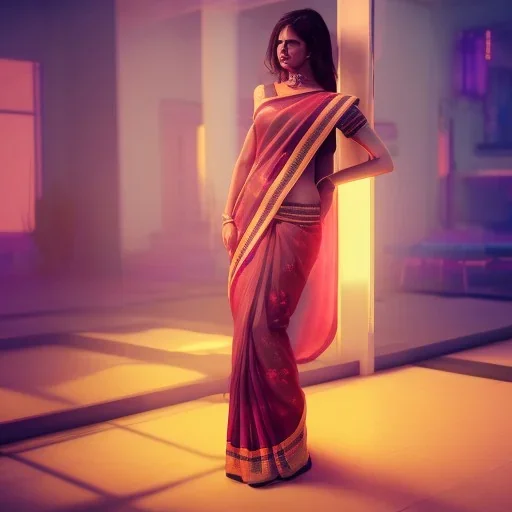 full body photo of a girl in saree in dark room with neon light ,hyperrealistic,detailed,8k,cinematic