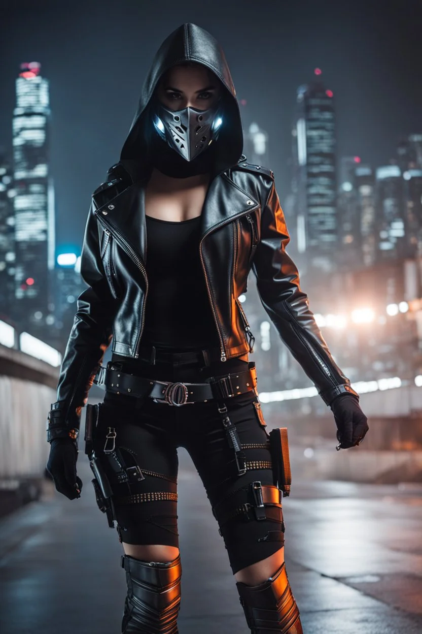 Full body,Half-cyborg female cyberpunk assassin wearing a metal mask, black jacket,walk in night city background