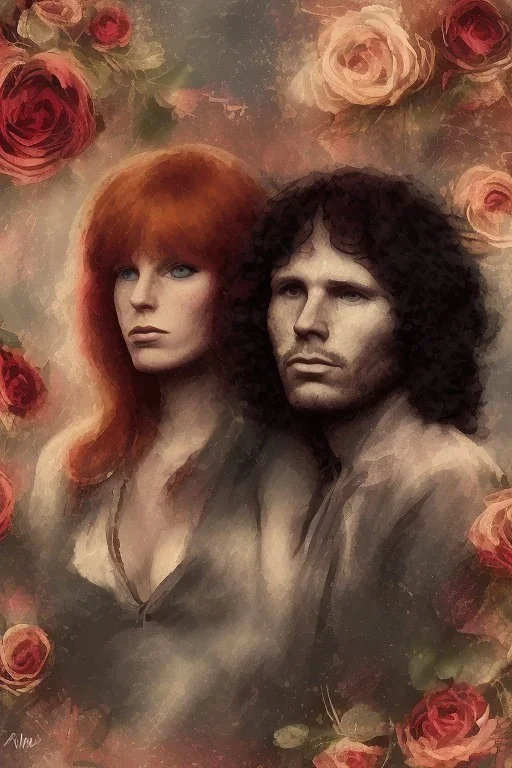 Jim Morrison and Pamela Courson ,music, NSFW, watermark, bohemian style , blurry,beautiful faces,elegant,roses, fantasy by anni dittman