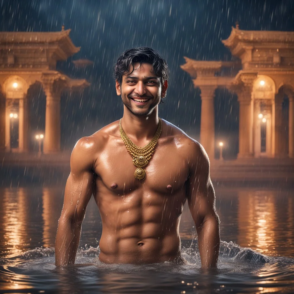 Hyper Realistic handsome Young shirtless muscular short hair Indian king with wet chest smiling & bathing in a lake outside traditionally beautiful Indian palace at heavy rainy night