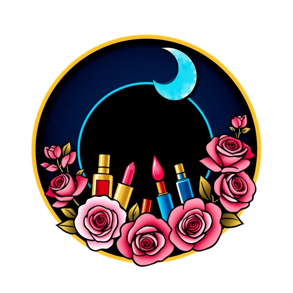 A circular logo designed for a cosmetics store with the symbol of the moon and the colors turquoise, indigo, red, gold and pink, a blue and black circle decorated with cosmetics and nail polish, lipstick, body spray and roses.