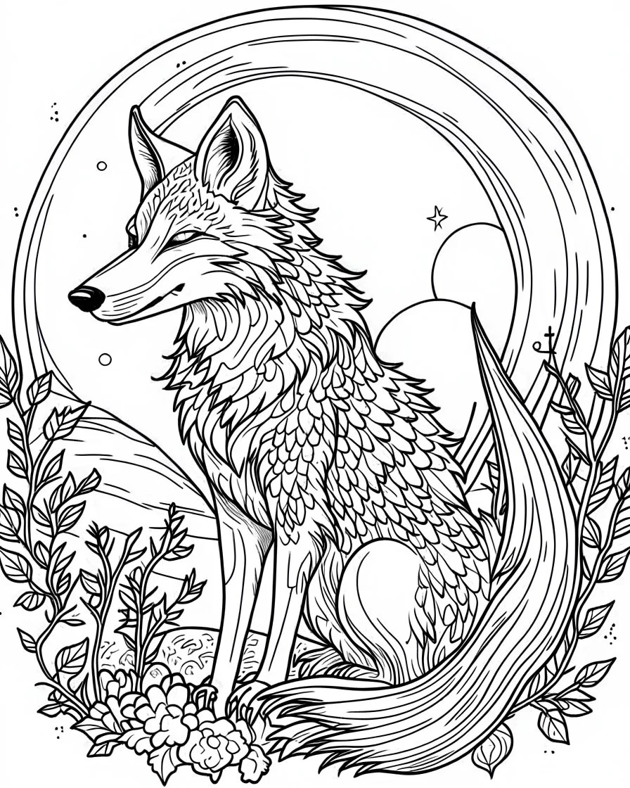 A fox looking up at the moon. coloring page adult