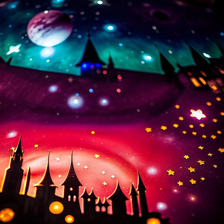 Detailed close-up street made of modeling clay and felt, village, stars, galaxy and planets, fairy, sun, volumetric light, Max Ernst, flowers, naïve, Tim Burton, strong texture, extreme detail, Yves Tanguy, decal, rich moody colors, sparkles, Harry Potter, bokeh, odd