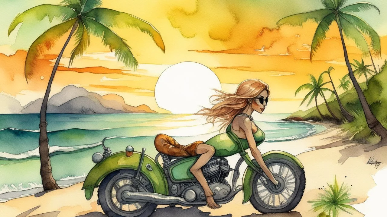 A watercolor illustration of a woman in a bikini lounging on a sandy beach next to a vintage motorcycle, under a colorful sunset sky with palm trees swaying in the wind