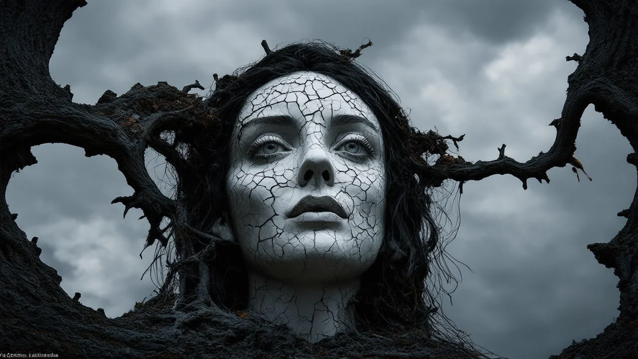 surrealis monochrome A fragmented, surreal sculpture liguid color of photorealistic image 3d,psychedelic art of small a women face glossy emerging from dreamlike a crumbling building. The face appears pale with deep cracks and intricate details, evoking a haunting expression. Blackened tree branches intertwine with the gold mengkilat cracks, set against a backdrop of stormy, cloud-filled skies. bauhaus art The overall tone is dark and moody, suggesting themes of decay and transformation. Include