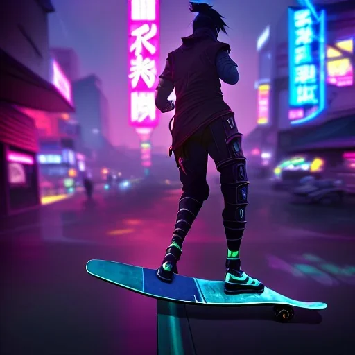 photo of a ninja riding a skateboard; dragon; in an alternate universe in tokyo; cyberpunk; realistic; rain; neon signs