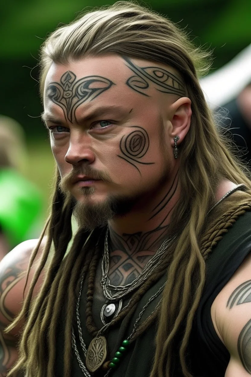 leo dicaprio as long haired celtic warrior with tribal tattoos