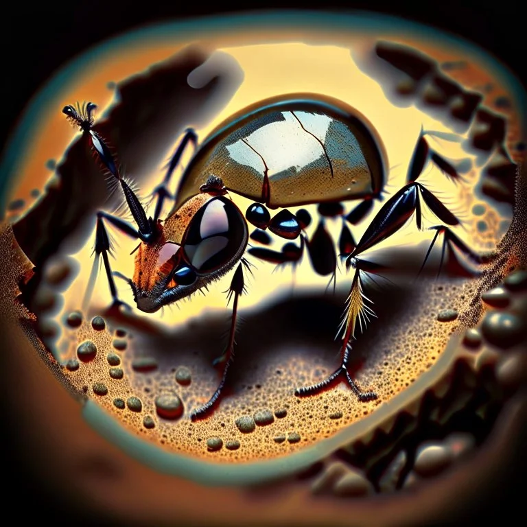 an ant under magnification, old school, paiting