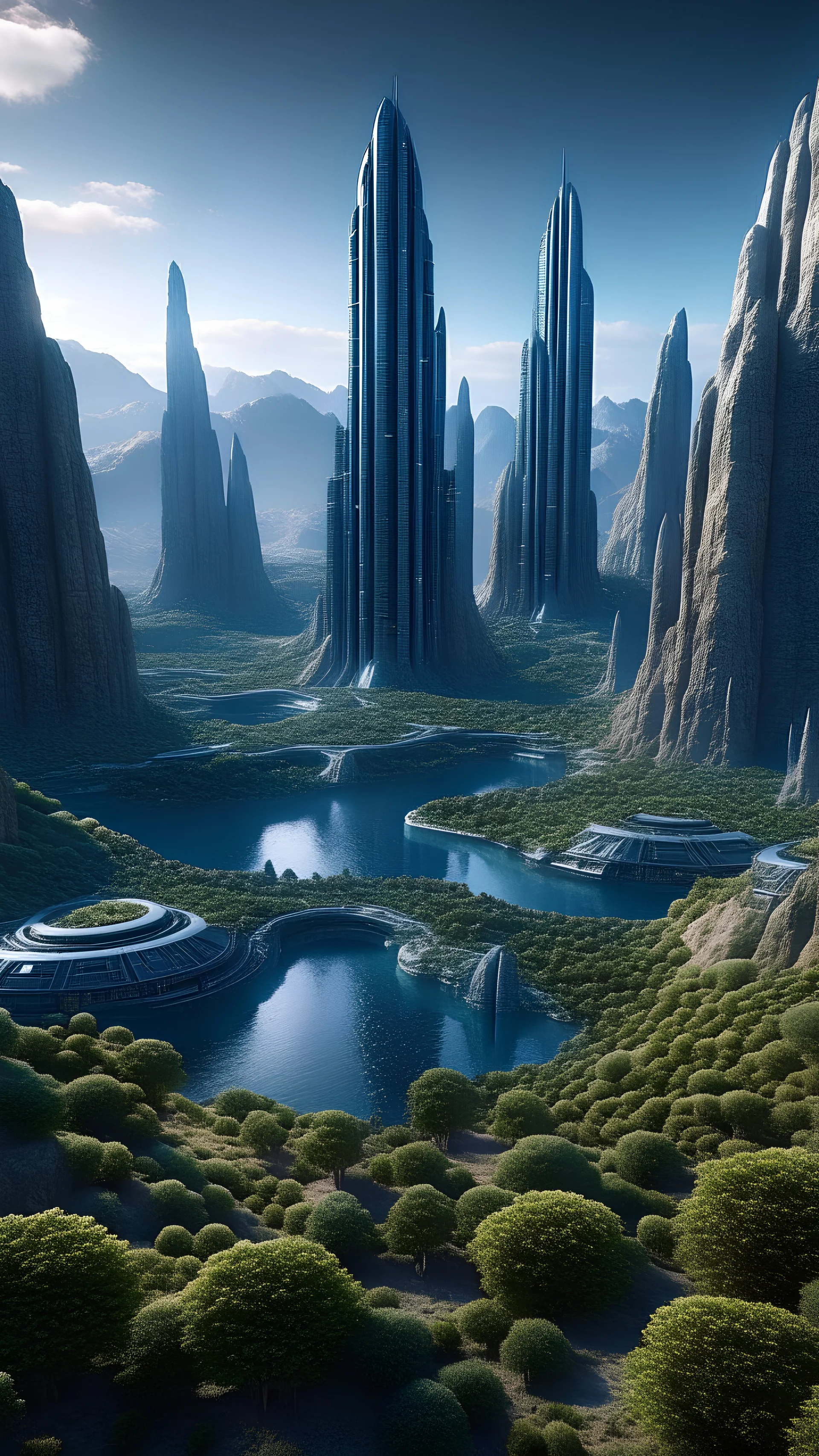 star trek inspired city, 4k photo, glacier, plants, hyperrealistic