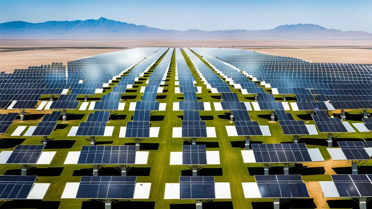 photo from special circular and columnar and abstract shaped solar panels, this solar power plants, solar energy panels stand in rows in a semi-desert, semi green planted futuristic ​​special landscape, in the foreground of the picture, stands on a hill a dark silhouette of a short-haired woman and looking up at the sun, in the distance in background is the metallic dome of a solar power plant glitters,the light blue-white sky shows a glowing sun. high detailed, sharp focus, masterpiece