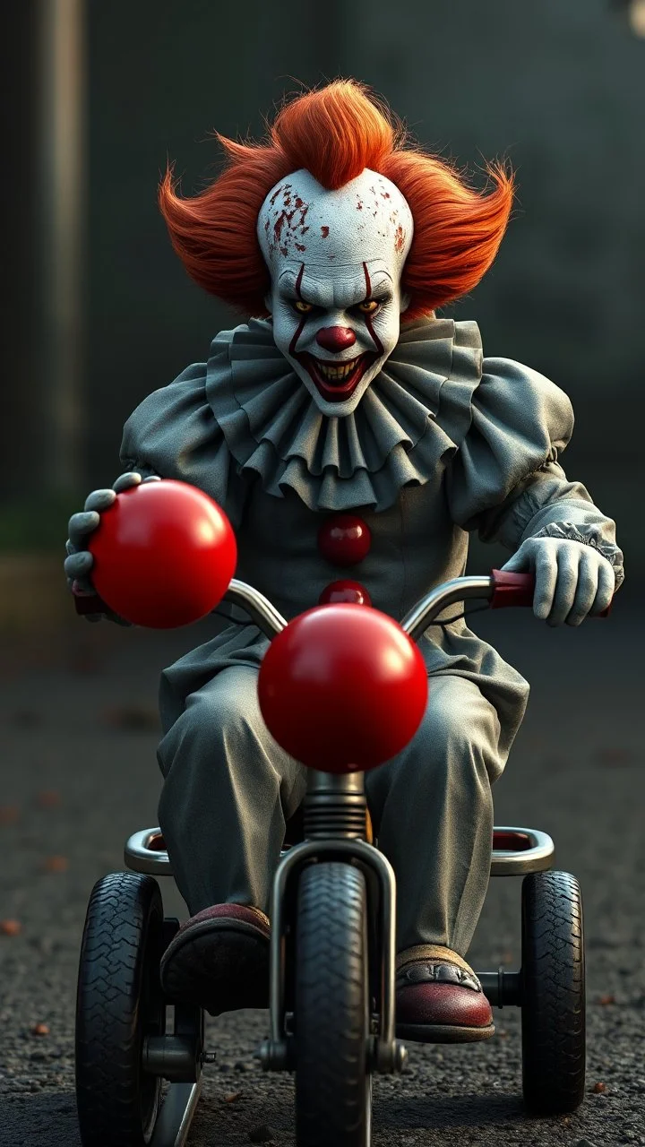 a front view of the clown from the horror movie “IT” riding a children’s tricycle and hold a red ballin , his face skin is a rusted broken skin texture in a 3d rendering full-height image of a grim and dark scene. Ensure the final images exhibit the utmost quality, encompassing 4K, 8K, and 64K resolutions, with 3D rendering that manifests in photorealistic, hyperrealistic, and highly detailed representations. Employ techniques such as HDR, UHD,