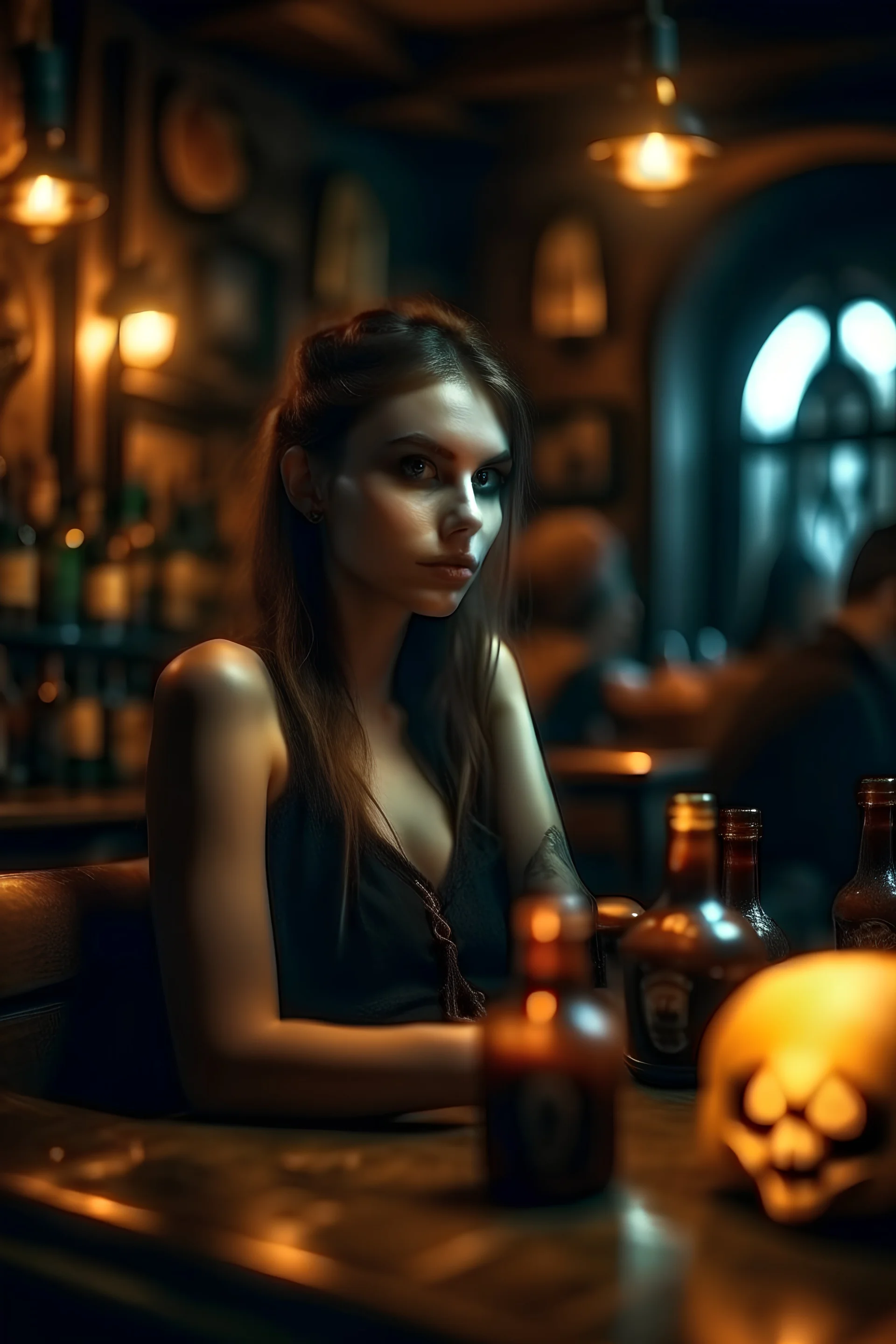 beautiful vampire girl in a bar, bottles of beer next to her, pumpkins with carved faces, halloween atmosphere 8k edetion