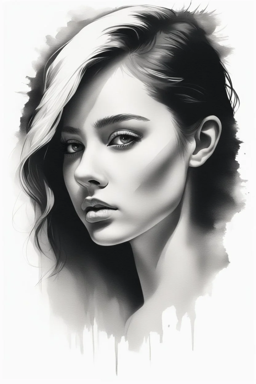 A realistic drawing in negative space black ink on white background of a beautiful girl with clear white face, all picture is bright white